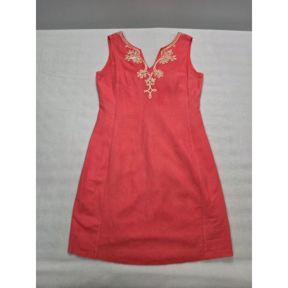 Jade Melody Tam Coral Embroidered V-Neck Shift Dress Womens Small Linen Look